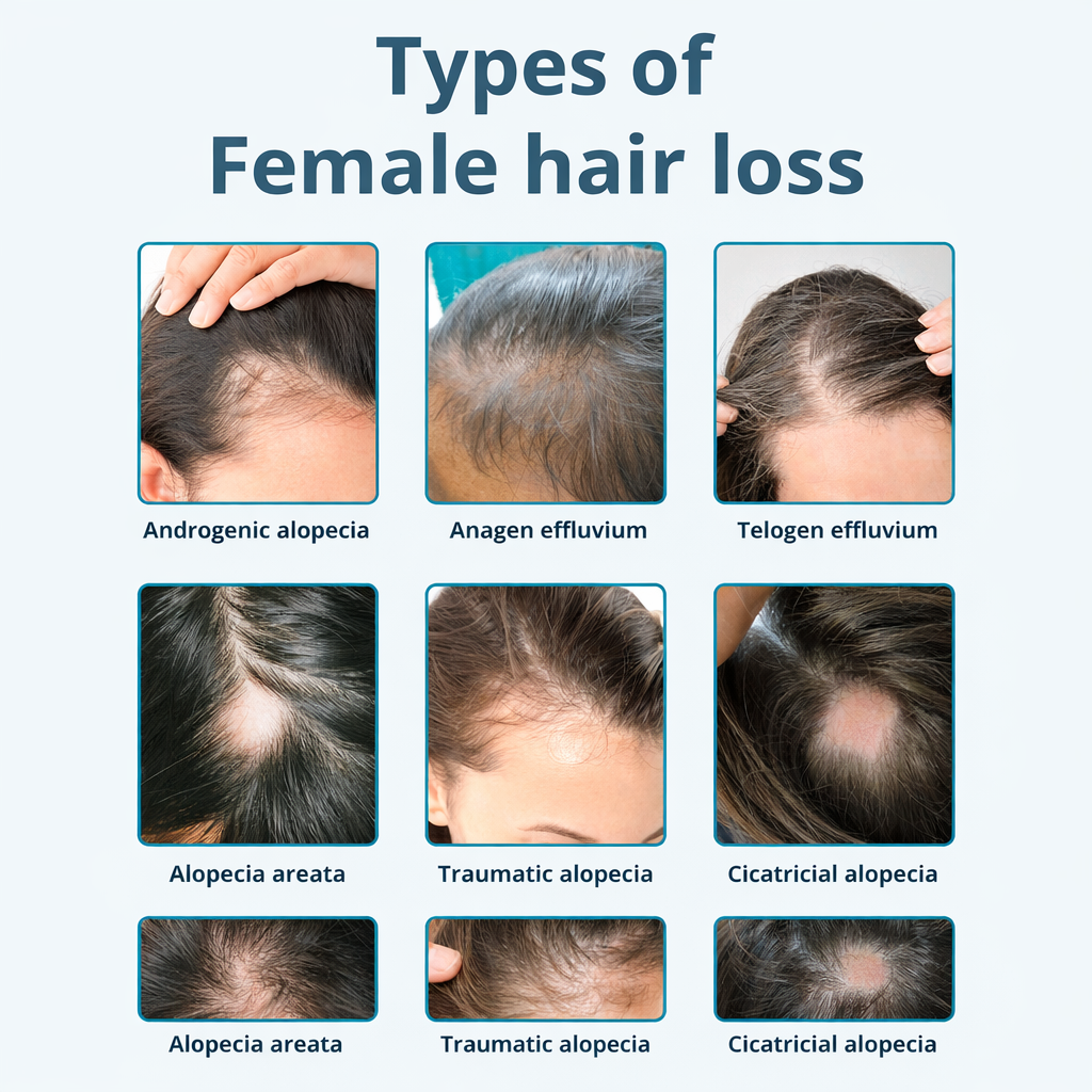 Types of female hair loss including androgenic alopecia, telogen effluvium and alopecia areata explained by Dr Animesh Damani Best Plastic Surgeon in Indore