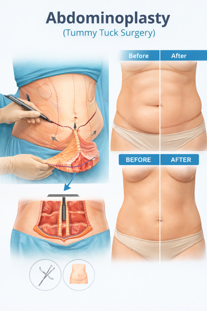 Abdominoplasty tummy tuck before and after results with procedure illustration by Dr Animesh Damani Best Plastic Surgeon in Indore