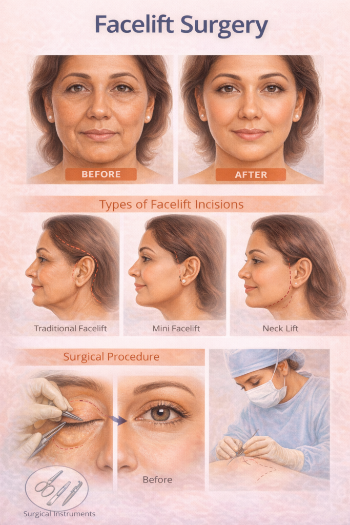Facelift surgery before and after results with types of facelift procedures Best Plastic Surgeon in Indore
