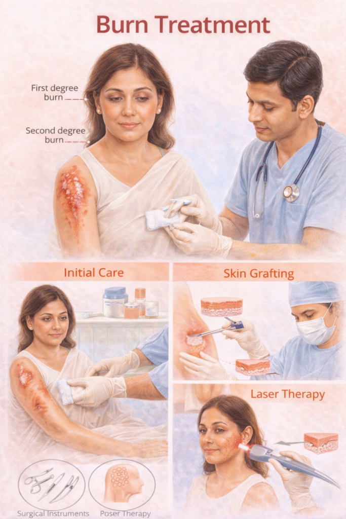 Burn treatment stages and procedures including skin grafting and laser therapy Best Plastic Surgeon in Indore